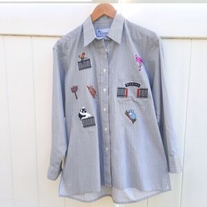 Mili Designs Zoo Animal Pinstripe Button Up Shirt | Embroidery & Rhinestones | M